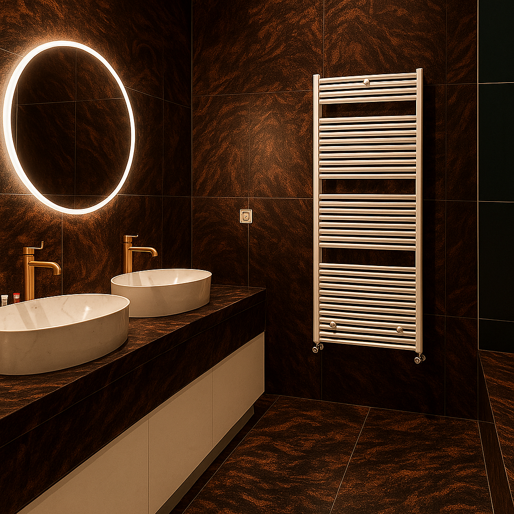 Dark marble bathroom with round mirror and warm lighting
